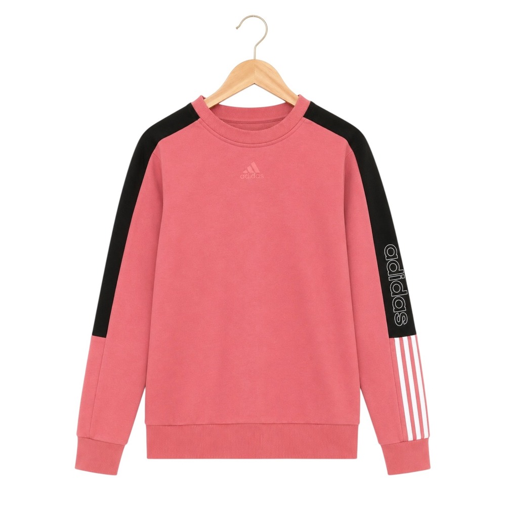 Adidas Womens Pink Crewneck Sweatshirt Black 3 Stripe Logo Sleeve Pullover
